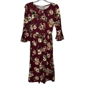 Gilli Dress Floral Burgundy & Green Soft Jersey Material Bell Sleeves Size S